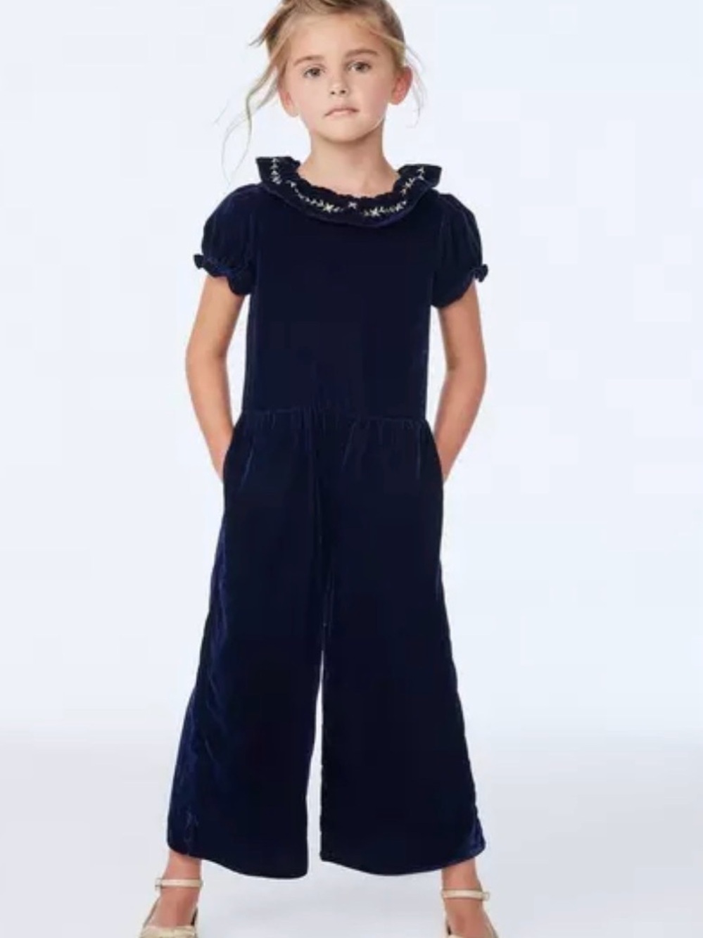 Janie andJack Girls Navy Velvet Ruffle Collar Jumpsuit